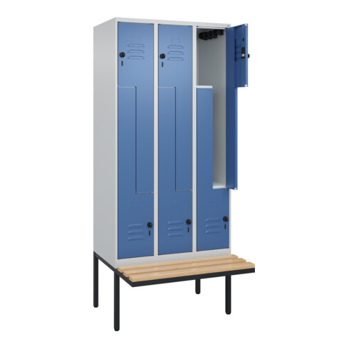 C+P Z-Spind Classic PLUS, Bank, 6 Fächer, 2120x900x815mm, 7035/5023 Verschluss Sicherheits-Drehriegel Sitzbanktyp auskragend Material Sitzfläche Buche-Hartholz