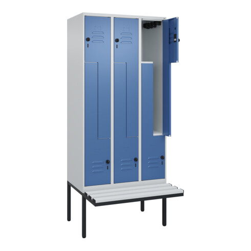 C+P Z-Spind Classic PLUS, Bank, 6 Fächer, 2120x900x815mm, 7035/5023 Verschluss Sicherheits-Drehriegel Sitzbanktyp auskragend Material Sitzfläche Kunststoff