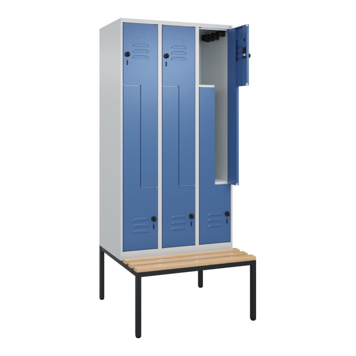 C+P Z-Spind Classic PLUS, Bank, 6 Fächer, 2120x900x815mm, 7035/5023 Verschluss Sicherheits-Drehriegel Sitzbanktyp untergebaut Material Sitzfläche Buche-Hartholz