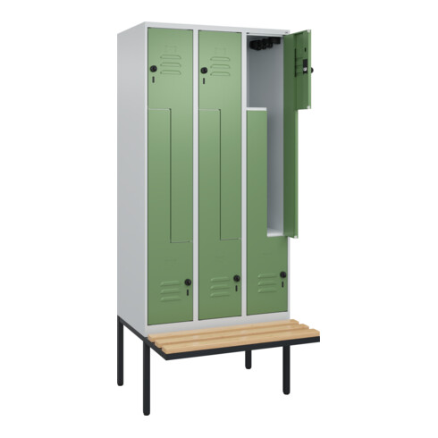 C+P Z-Spind Classic PLUS, Bank, 6 Fächer, 2120x900x815mm, 7035/6011 Verschluss Sicherheits-Drehriegel Sitzbanktyp auskragend Material Sitzfläche Buche-Hartholz