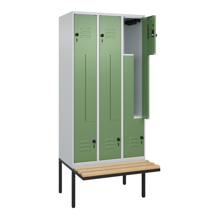 C+P Z-Spind Classic PLUS, Bank, 6 Fächer, 2120x900x815mm, 7035/6011 Verschluss Sicherheits-Drehriegel Sitzbanktyp auskragend Material Sitzfläche Buche-Hartholz