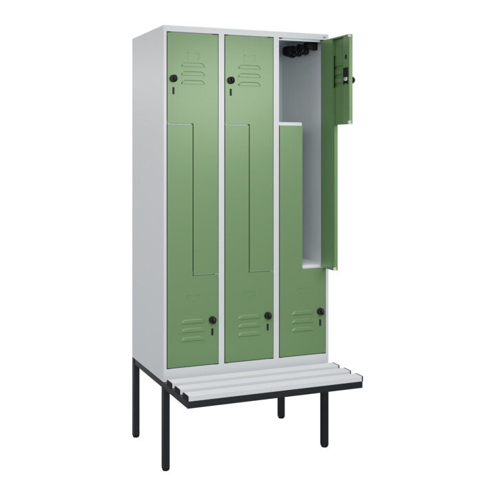 C+P Z-Spind Classic PLUS, Bank, 6 Fächer, 2120x900x815mm, 7035/6011 Verschluss Sicherheits-Drehriegel Sitzbanktyp auskragend Material Sitzfläche Kunststoff