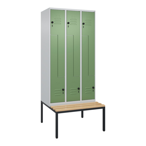 C+P Z-Spind Classic PLUS, Bank, 6 Fächer, 2120x900x815mm, 7035/6011 Verschluss Sicherheits-Drehriegel Sitzbanktyp untergebaut Material Sitzfläche Buche-Hartholz