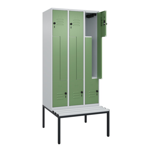 C+P Z-Spind Classic PLUS, Bank, 6 Fächer, 2120x900x815mm, 7035/6011 Verschluss Sicherheits-Drehriegel Sitzbanktyp untergebaut Material Sitzfläche Kunststoff