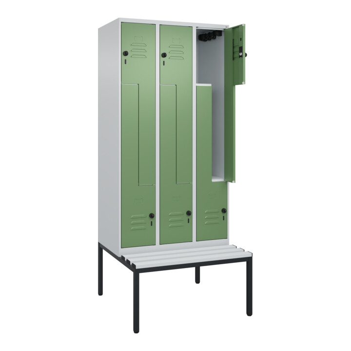 C+P Z-Spind Classic PLUS, Bank, 6 Fächer, 2120x900x815mm, 7035/6011 Verschluss Sicherheits-Drehriegel Sitzbanktyp untergebaut Material Sitzfläche Kunststoff