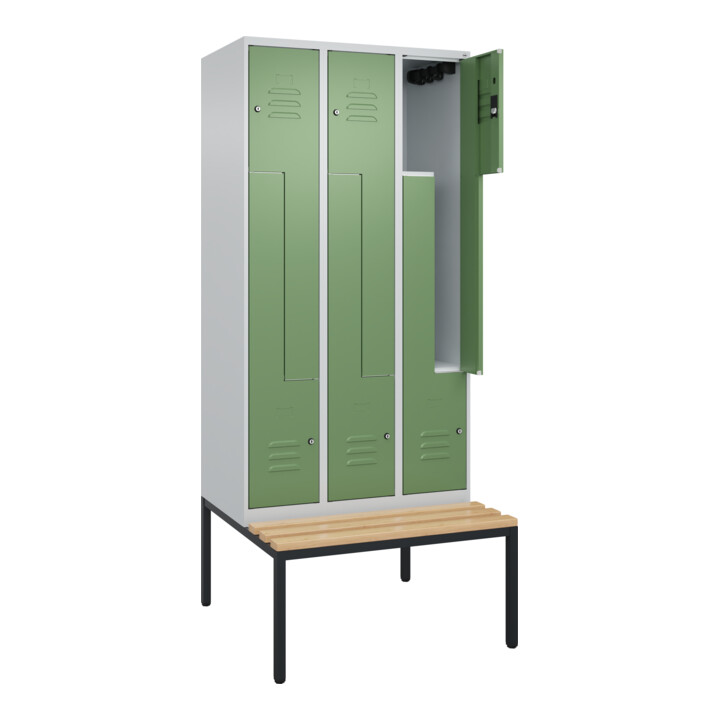 C+P Z-Spind Classic PLUS, Bank, 6 Fächer, 2120x900x815mm, 7035/6011 Verschluss Zylinderschloss Sitzbanktyp untergebaut Material Sitzfläche Buche-Hartholz