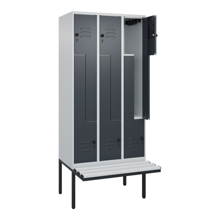 C+P Z-Spind Classic PLUS, Bank, 6 Fächer, 2120x900x815mm, 7035/7016 Verschluss Sicherheits-Drehriegel Sitzbanktyp auskragend Material Sitzfläche Kunststoff