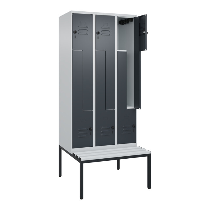 C+P Z-Spind Classic PLUS, Bank, 6 Fächer, 2120x900x815mm, 7035/7016 Verschluss Sicherheits-Drehriegel Sitzbanktyp untergebaut Material Sitzfläche Kunststoff
