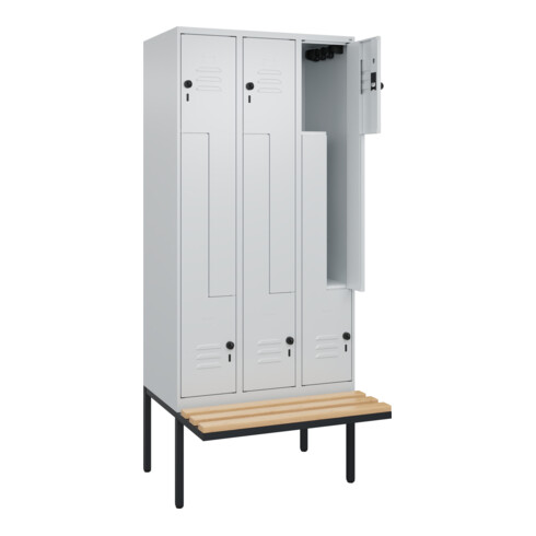 C+P Z-Spind Classic PLUS, Bank, 6 Fächer, 2120x900x815mm, 7035/7035 Verschluss Sicherheits-Drehriegel Sitzbanktyp auskragend Material Sitzfläche Buche-Hartholz