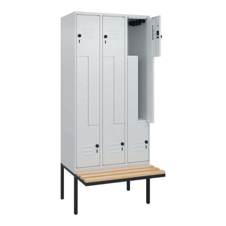 C+P Z-Spind Classic PLUS, Bank, 6 Fächer, 2120x900x815mm, 7035/7035 Verschluss Sicherheits-Drehriegel Sitzbanktyp auskragend Material Sitzfläche Buche-Hartholz