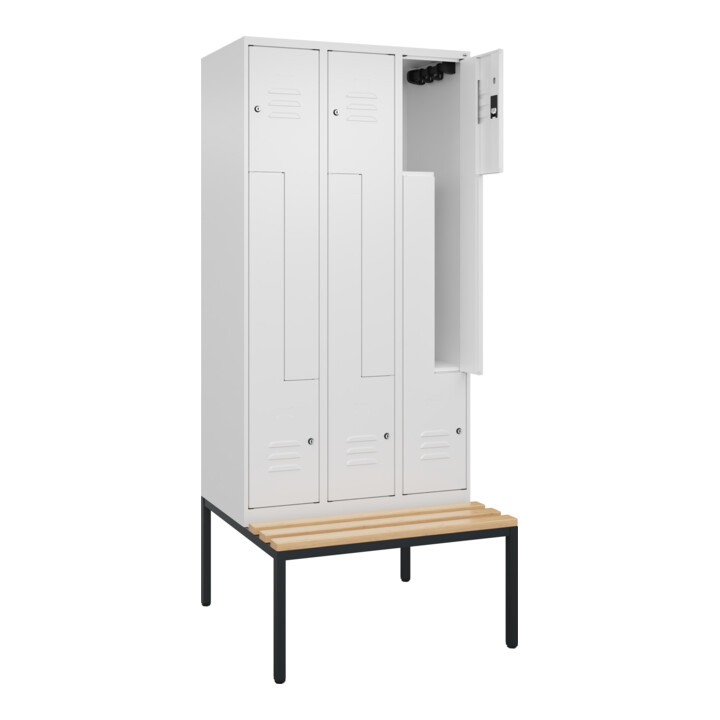 C+P Z-Spind Classic PLUS, Bank, 6 Fächer, 2120x900x815mm, 9016/9016 Verschluss Zylinderschloss Sitzbanktyp untergebaut Material Sitzfläche Buche-Hartholz