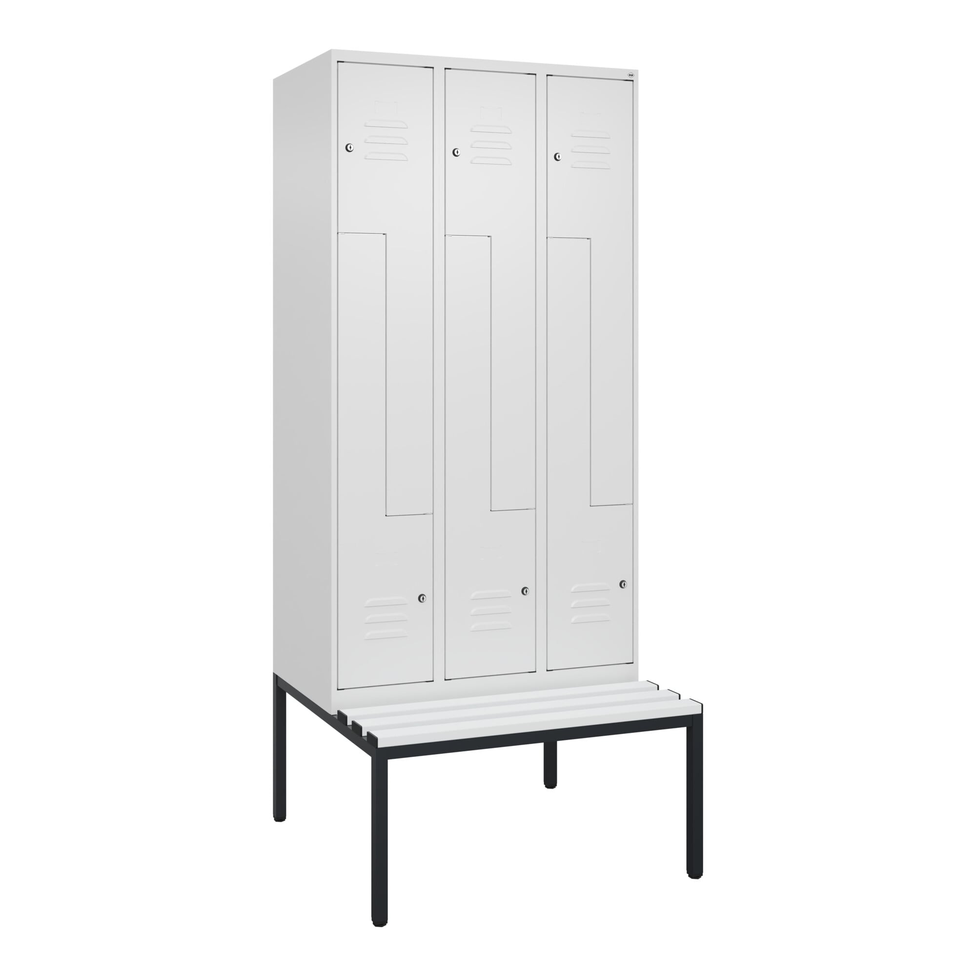 C+P Z-Spind Classic PLUS, Bank, 6 Fächer, 2120x900x815mm, 9016/9016 Verschluss Zylinderschloss Sitzbanktyp untergebaut Material Sitzfläche Kunststoff