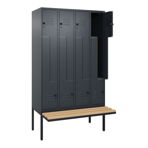 C+P Z-Spind Classic PLUS, Bank, 8 Fächer, 2120x1200x815mm, 7016/7016 Verschluss Sicherheits-Drehriegel Sitzbanktyp auskragend Material Sitzfläche Buche-Hartholz