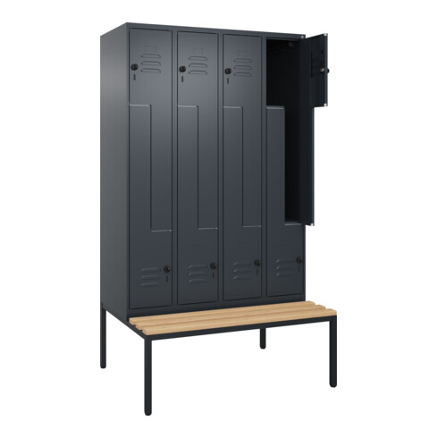 C+P Z-Spind Classic PLUS, Bank, 8 Fächer, 2120x1200x815mm, 7016/7016 Verschluss Sicherheits-Drehriegel Sitzbanktyp untergebaut Material Sitzfläche Buche-Hartholz