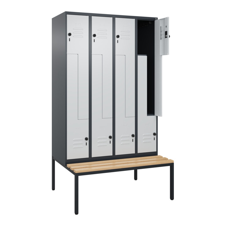 C+P Z-Spind Classic PLUS, Bank, 8 Fächer, 2120x1200x815mm, 7016/7035 Verschluss Sicherheits-Drehriegel Sitzbanktyp untergebaut Material Sitzfläche Buche-Hartholz