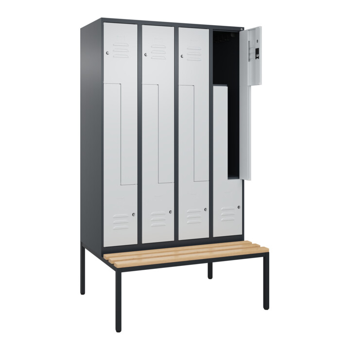 C+P Z-Spind Classic PLUS, Bank, 8 Fächer, 2120x1200x815mm, 7016/7035 Verschluss Zylinderschloss Sitzbanktyp untergebaut Material Sitzfläche Buche-Hartholz