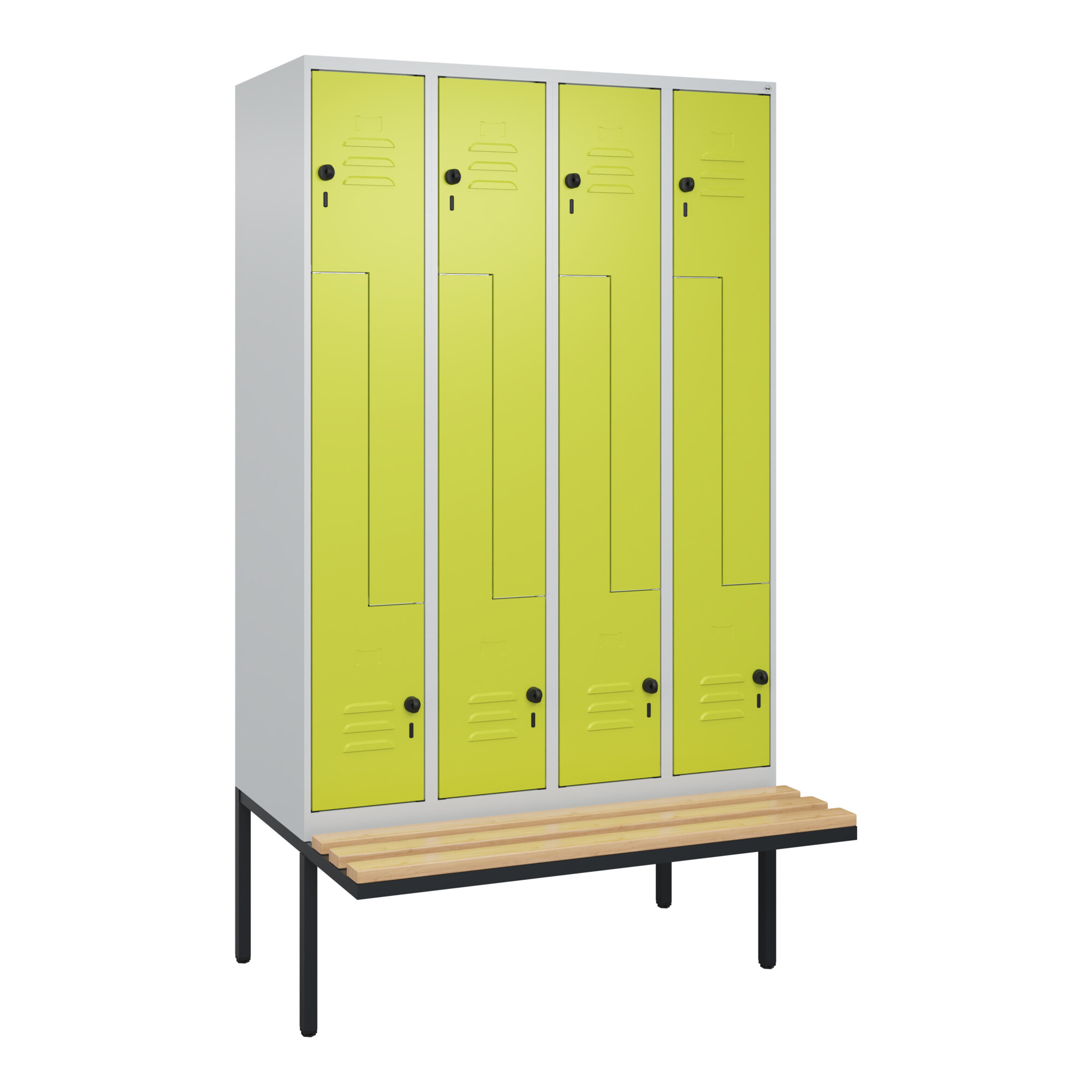 C+P Z-Spind Classic PLUS, Bank, 8 Fächer, 2120x1200x815mm, 7035/0024 Verschluss Sicherheits-Drehriegel Sitzbanktyp auskragend Material Sitzfläche Buch