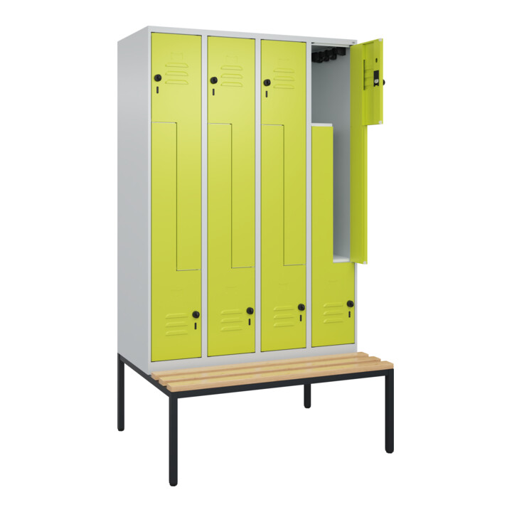 C+P Z-Spind Classic PLUS, Bank, 8 Fächer, 2120x1200x815mm, 7035/0024 Verschluss Sicherheits-Drehriegel Sitzbanktyp untergebaut Material Sitzfläche Buche-Hartholz