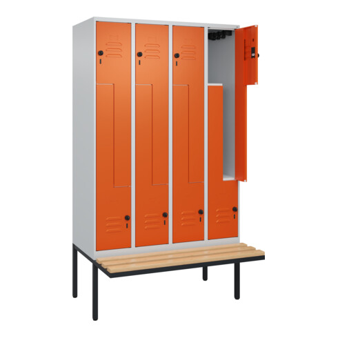 C+P Z-Spind Classic PLUS, Bank, 8 Fächer, 2120x1200x815mm, 7035/2004 Verschluss Sicherheits-Drehriegel Sitzbanktyp auskragend Material Sitzfläche Buche-Hartholz