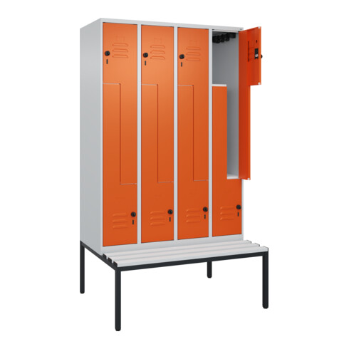 C+P Z-Spind Classic PLUS, Bank, 8 Fächer, 2120x1200x815mm, 7035/2004 Verschluss Sicherheits-Drehriegel Sitzbanktyp untergebaut Material Sitzfläche Kunststoff