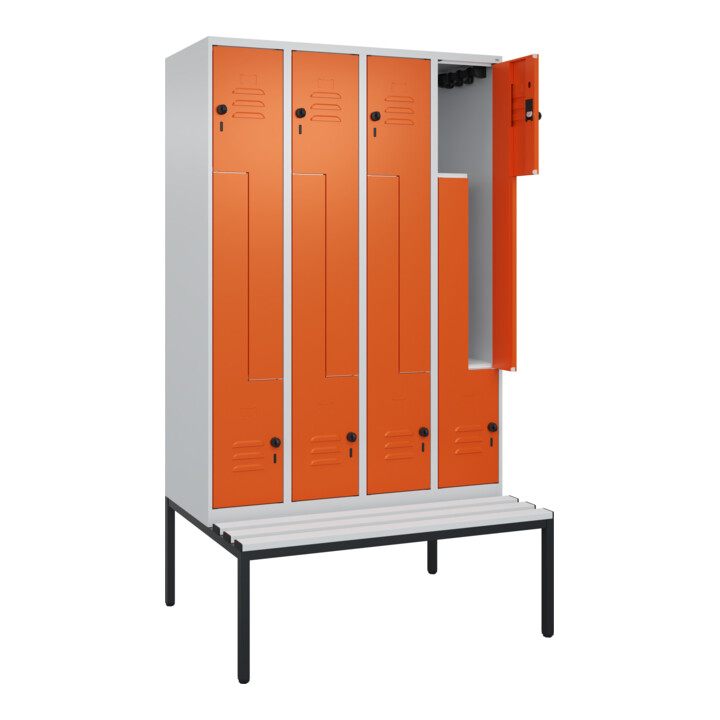 C+P Z-Spind Classic PLUS, Bank, 8 Fächer, 2120x1200x815mm, 7035/2004 Verschluss Sicherheits-Drehriegel Sitzbanktyp untergebaut Material Sitzfläche Kunststoff