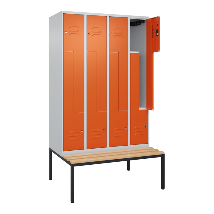 C+P Z-Spind Classic PLUS, Bank, 8 Fächer, 2120x1200x815mm, 7035/2004 Verschluss Zylinderschloss Sitzbanktyp untergebaut Material Sitzfläche Buche-Hartholz