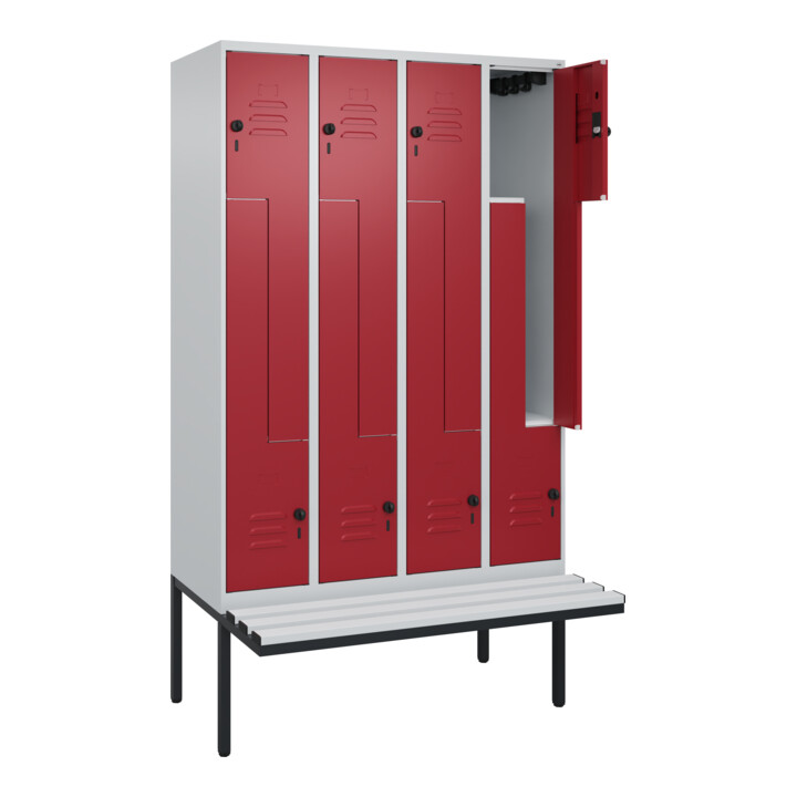 C+P Z-Spind Classic PLUS, Bank, 8 Fächer, 2120x1200x815mm, 7035/3003 Verschluss Sicherheits-Drehriegel Sitzbanktyp auskragend Material Sitzfläche Kunststoff