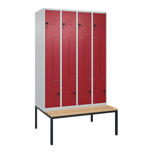 C+P Z-Spind Classic PLUS, Bank, 8 Fächer, 2120x1200x815mm, 7035/3003 Verschluss Sicherheits-Drehriegel Sitzbanktyp untergebaut Material Sitzfläche Buche-Hartholz
