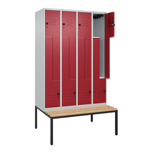 C+P Z-Spind Classic PLUS, Bank, 8 Fächer, 2120x1200x815mm, 7035/3003 Verschluss Sicherheits-Drehriegel Sitzbanktyp untergebaut Material Sitzfläche Buche-Hartholz