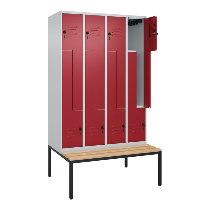 C+P Z-Spind Classic PLUS, Bank, 8 Fächer, 2120x1200x815mm, 7035/3003 Verschluss Sicherheits-Drehriegel Sitzbanktyp untergebaut Material Sitzfläche Buche-Hartholz