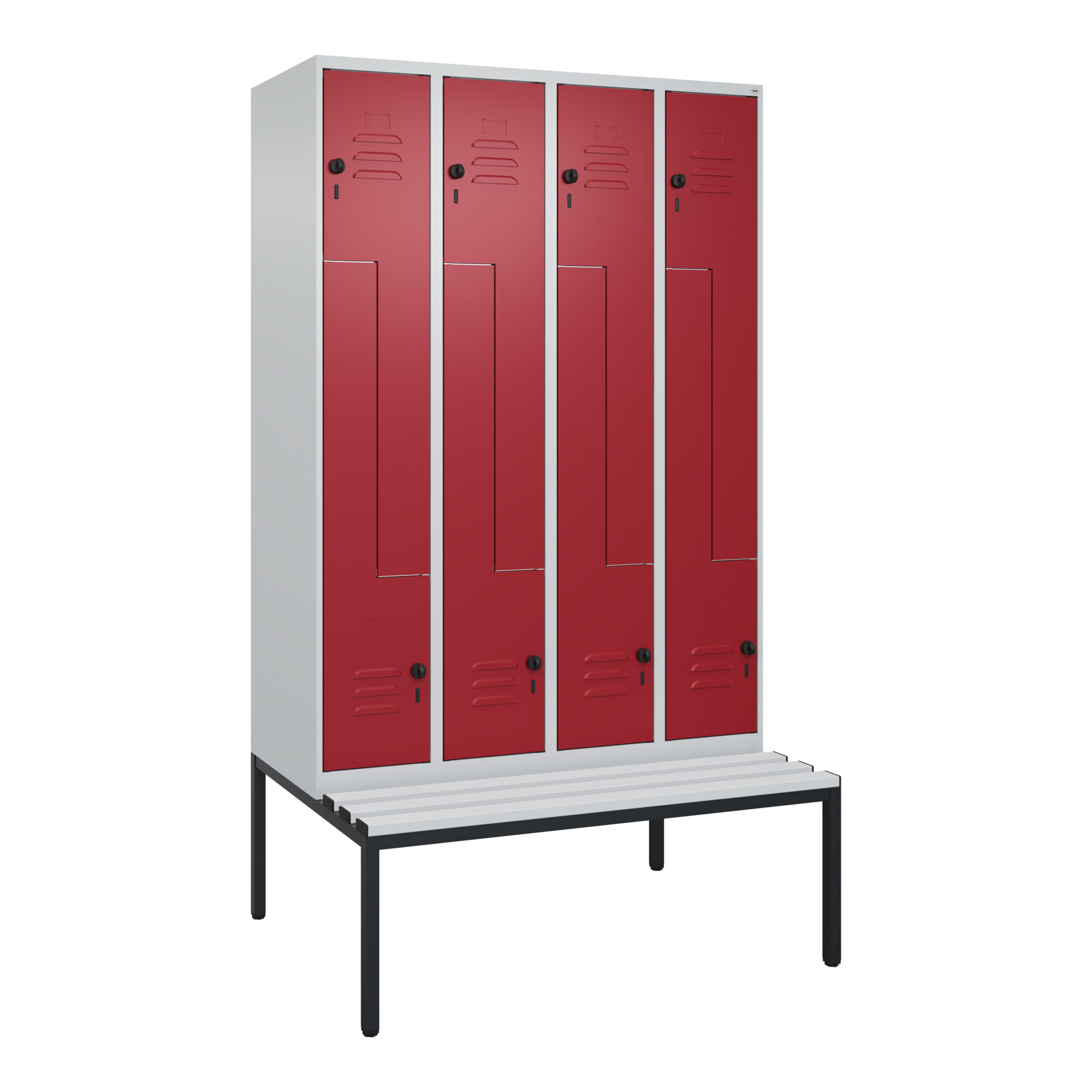 C+P Z-Spind Classic PLUS, Bank, 8 Fächer, 2120x1200x815mm, 7035/3003 Verschluss Sicherheits-Drehriegel Sitzbanktyp untergebaut Material Sitzfläche Kun