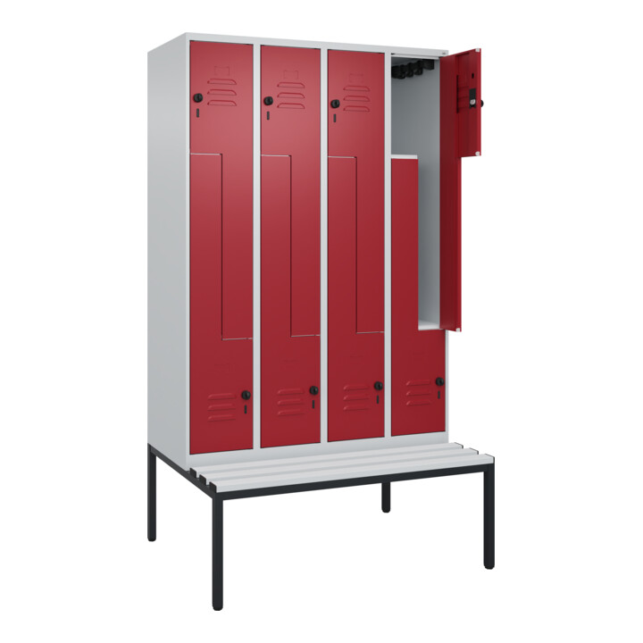 C+P Z-Spind Classic PLUS, Bank, 8 Fächer, 2120x1200x815mm, 7035/3003 Verschluss Sicherheits-Drehriegel Sitzbanktyp untergebaut Material Sitzfläche Kunststoff