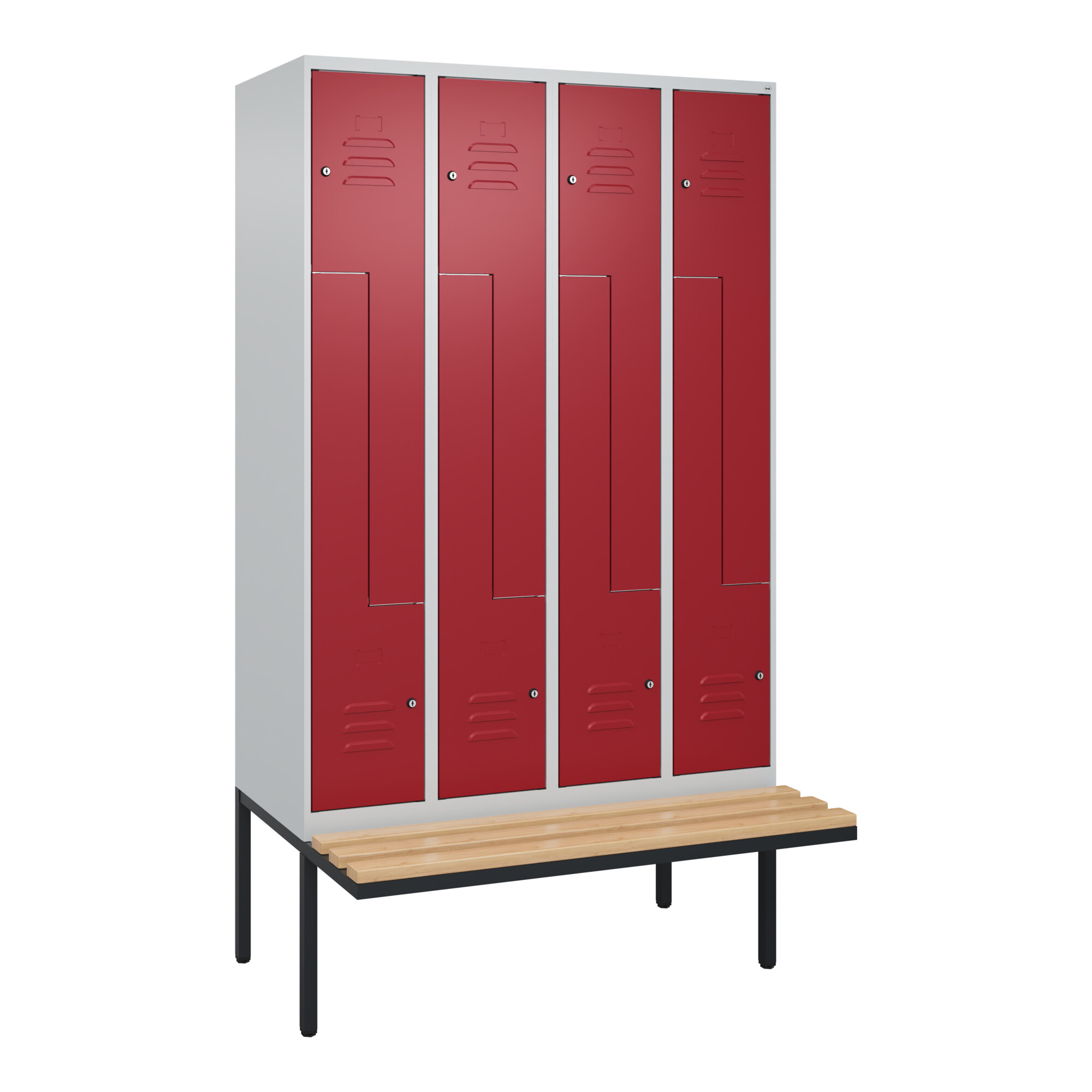 C+P Z-Spind Classic PLUS, Bank, 8 Fächer, 2120x1200x815mm, 7035/3003 Verschluss Zylinderschloss Sitzbanktyp auskragend Material Sitzfläche Buche-Harth