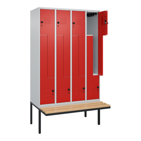 C+P Z-Spind Classic PLUS, Bank, 8 Fächer, 2120x1200x815mm, 7035/3020 Verschluss Sicherheits-Drehriegel Sitzbanktyp auskragend Material Sitzfläche Buche-Hartholz