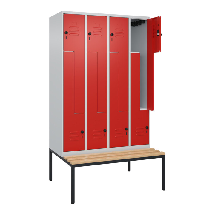 C+P Z-Spind Classic PLUS, Bank, 8 Fächer, 2120x1200x815mm, 7035/3020 Verschluss Sicherheits-Drehriegel Sitzbanktyp untergebaut Material Sitzfläche Buche-Hartholz