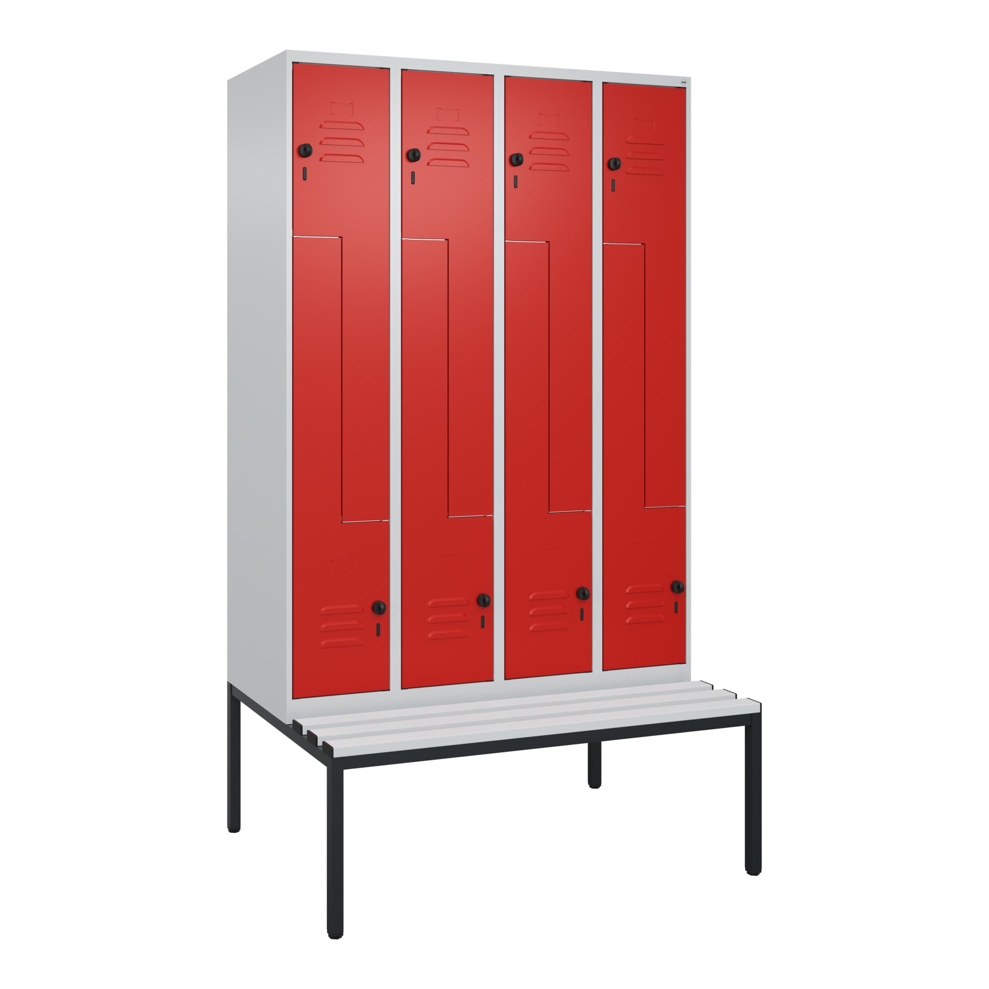 C+P Z-Spind Classic PLUS, Bank, 8 Fächer, 2120x1200x815mm, 7035/3020 Verschluss Sicherheits-Drehriegel Sitzbanktyp untergebaut Material Sitzfläche Kun
