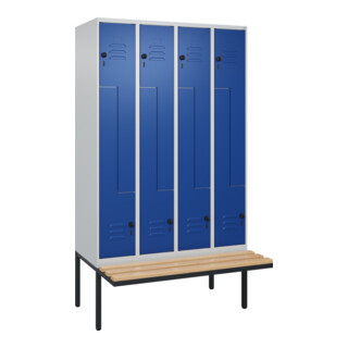 C+P Z-Spind Classic PLUS, Bank, 8 Fächer, 2120x1200x815mm, 7035/5010 Verschluss Sicherheits-Drehriegel Sitzbanktyp auskragend Material Sitzfläche Buche-Hartholz
