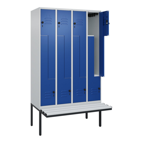 C+P Z-Spind Classic PLUS, Bank, 8 Fächer, 2120x1200x815mm, 7035/5010 Verschluss Sicherheits-Drehriegel Sitzbanktyp auskragend Material Sitzfläche Kunststoff