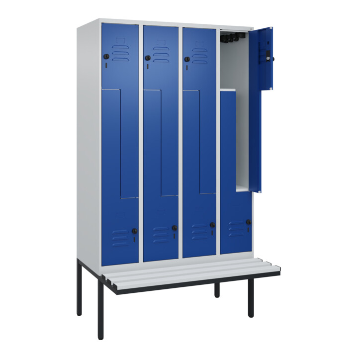 C+P Z-Spind Classic PLUS, Bank, 8 Fächer, 2120x1200x815mm, 7035/5010 Verschluss Sicherheits-Drehriegel Sitzbanktyp auskragend Material Sitzfläche Kunststoff