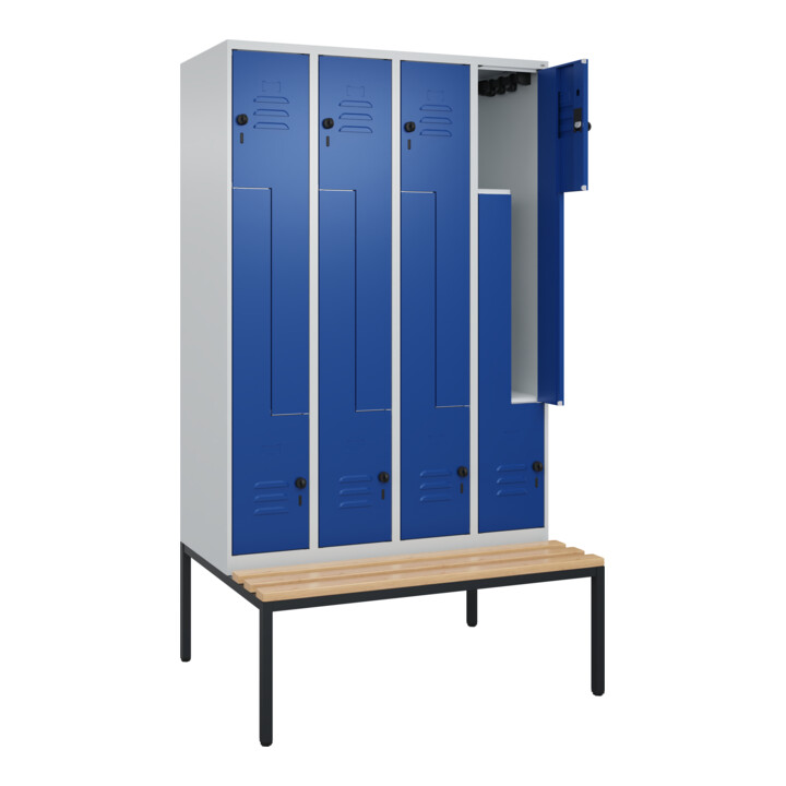 C+P Z-Spind Classic PLUS, Bank, 8 Fächer, 2120x1200x815mm, 7035/5010 Verschluss Sicherheits-Drehriegel Sitzbanktyp untergebaut Material Sitzfläche Buche-Hartholz