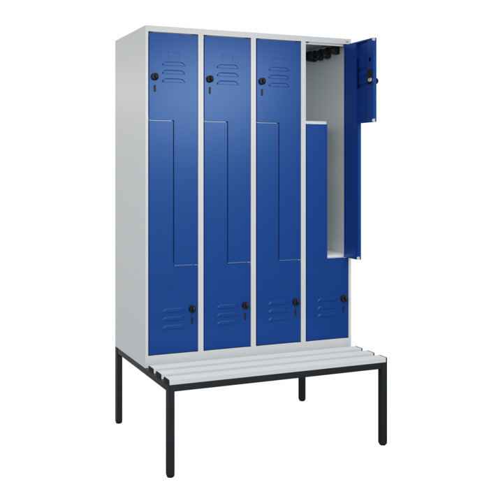 C+P Z-Spind Classic PLUS, Bank, 8 Fächer, 2120x1200x815mm, 7035/5010 Verschluss Sicherheits-Drehriegel Sitzbanktyp untergebaut Material Sitzfläche Kunststoff