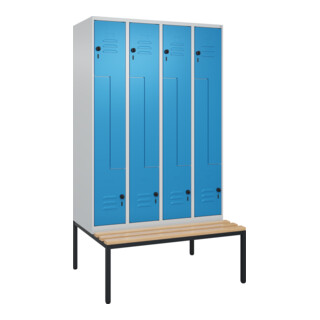 C+P Z-Spind Classic PLUS, Bank, 8 Fächer, 2120x1200x815mm, 7035/5012 Verschluss Sicherheits-Drehriegel Sitzbanktyp untergebaut Material Sitzfläche Buche-Hartholz