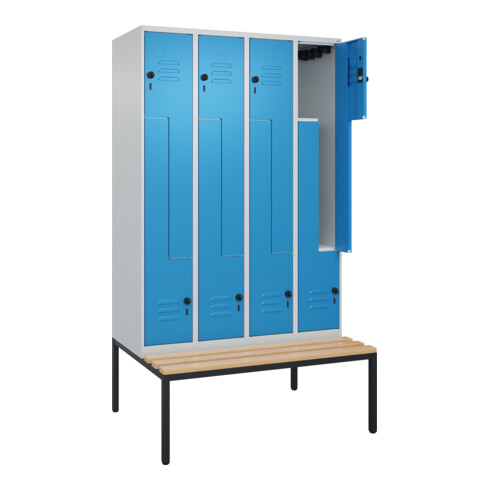 C+P Z-Spind Classic PLUS, Bank, 8 Fächer, 2120x1200x815mm, 7035/5012 Verschluss Sicherheits-Drehriegel Sitzbanktyp untergebaut Material Sitzfläche Buche-Hartholz