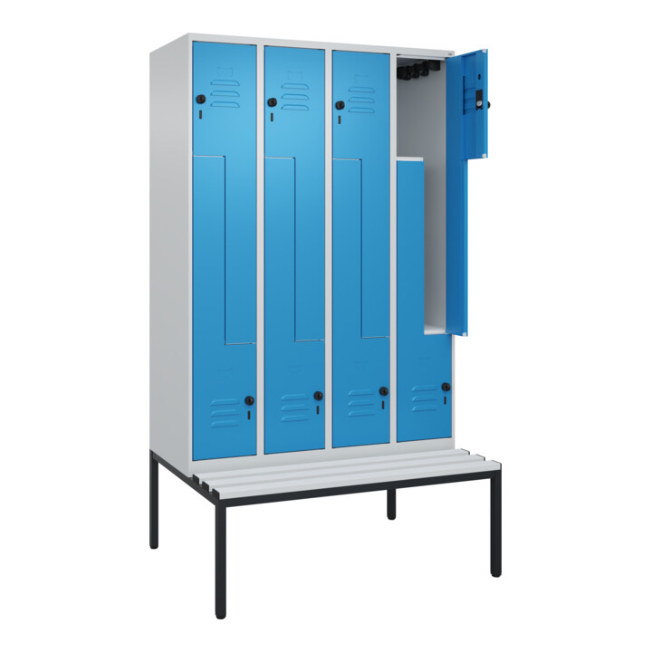 C+P Z-Spind Classic PLUS, Bank, 8 Fächer, 2120x1200x815mm, 7035/5012 Verschluss Sicherheits-Drehriegel Sitzbanktyp untergebaut Material Sitzfläche Kunststoff