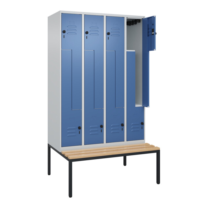 C+P Z-Spind Classic PLUS, Bank, 8 Fächer, 2120x1200x815mm, 7035/5023 Verschluss Sicherheits-Drehriegel Sitzbanktyp untergebaut Material Sitzfläche Buche-Hartholz