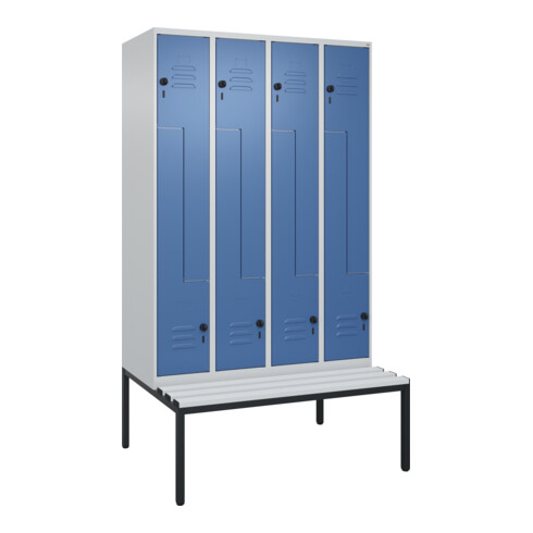 C+P Z-Spind Classic PLUS, Bank, 8 Fächer, 2120x1200x815mm, 7035/5023 Verschluss Sicherheits-Drehriegel Sitzbanktyp untergebaut Material Sitzfläche Kunststoff