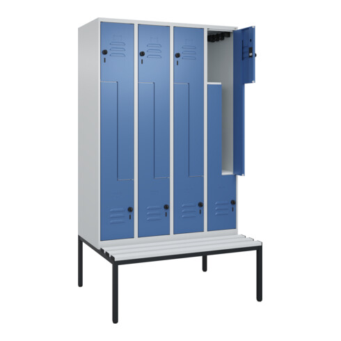 C+P Z-Spind Classic PLUS, Bank, 8 Fächer, 2120x1200x815mm, 7035/5023 Verschluss Sicherheits-Drehriegel Sitzbanktyp untergebaut Material Sitzfläche Kunststoff