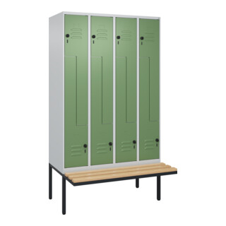 C+P Z-Spind Classic PLUS, Bank, 8 Fächer, 2120x1200x815mm, 7035/6011 Verschluss Sicherheits-Drehriegel Sitzbanktyp auskragend Material Sitzfläche Buche-Hartholz