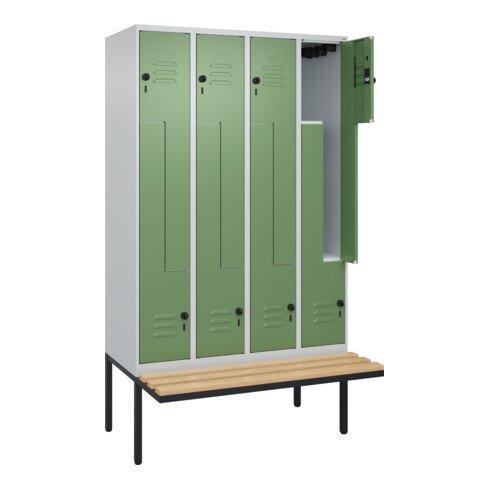 C+P Z-Spind Classic PLUS, Bank, 8 Fächer, 2120x1200x815mm, 7035/6011 Verschluss Sicherheits-Drehriegel Sitzbanktyp auskragend Material Sitzfläche Buche-Hartholz