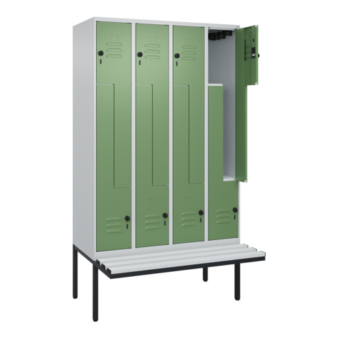 C+P Z-Spind Classic PLUS, Bank, 8 Fächer, 2120x1200x815mm, 7035/6011 Verschluss Sicherheits-Drehriegel Sitzbanktyp auskragend Material Sitzfläche Kunststoff